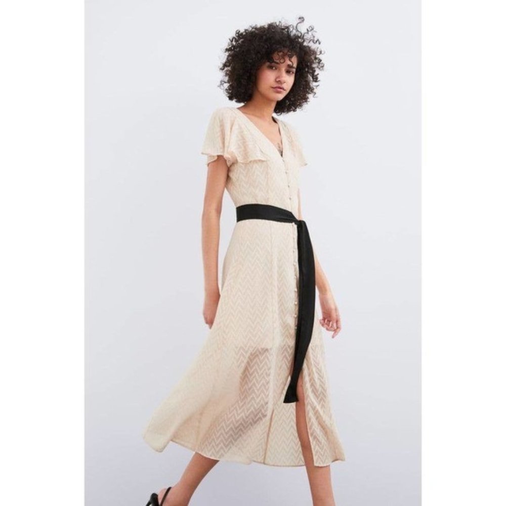 NWT Zara Blush Pink Chevron Flutter Sleeve Midi Dress